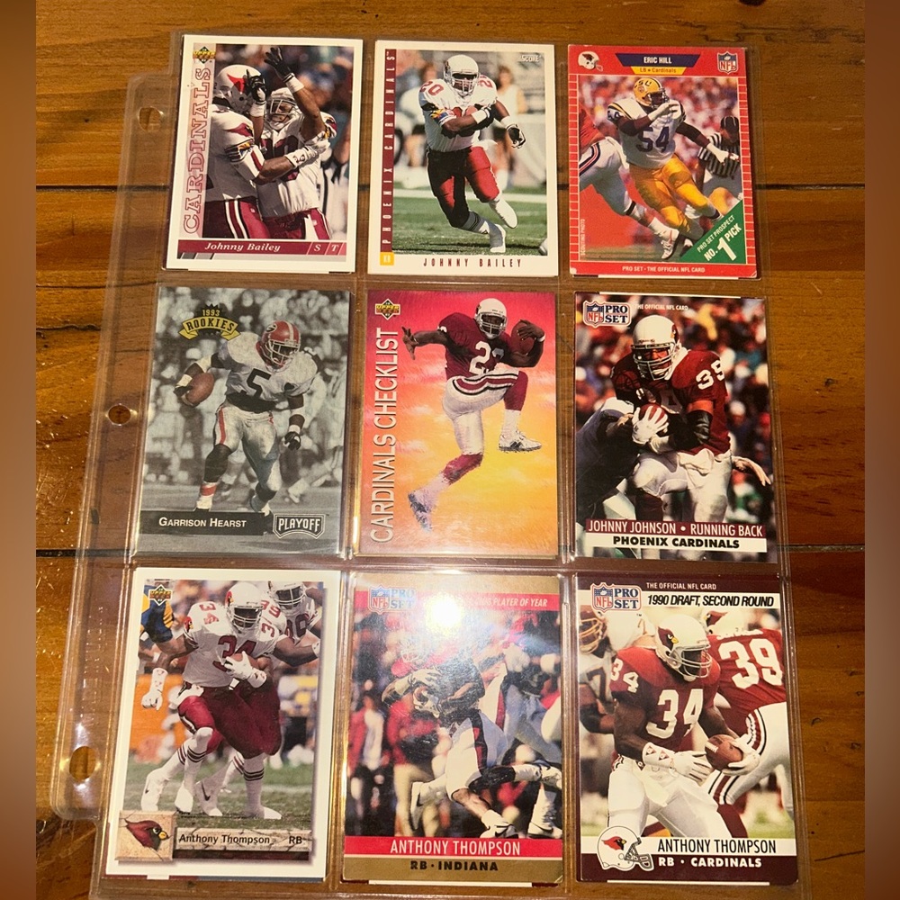 A sheet of NFL  Cardinals 1990’s Trading Cards. Brand NFL Pro & Score.